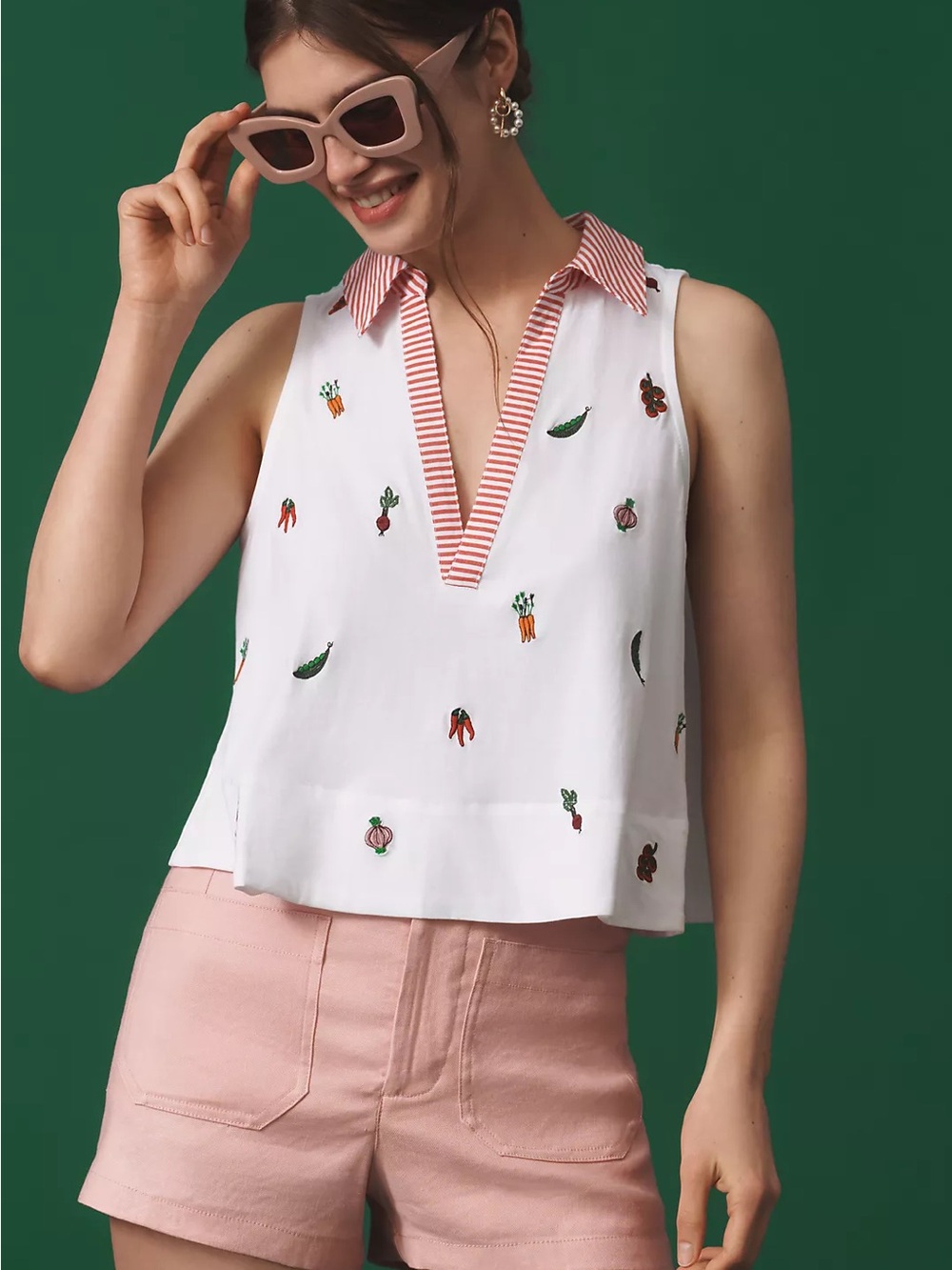 MAEVE Sleeveless White Embroidered Collared Tank with Stripe Trim size M
